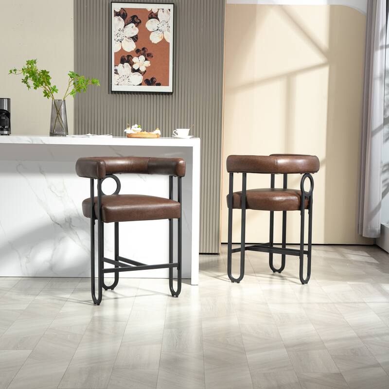 Bar Stools Set of 2, Upholstered Counter Height Stools with Back, Kitchen Island Chairs with Footrest and Metal Frame