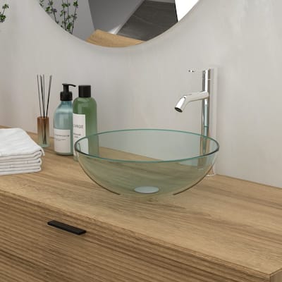 Clear 14 in. Round Tempered Glass Vessel Bathroom Sink with Faucet and Pop-up Drain - 14x14 inch