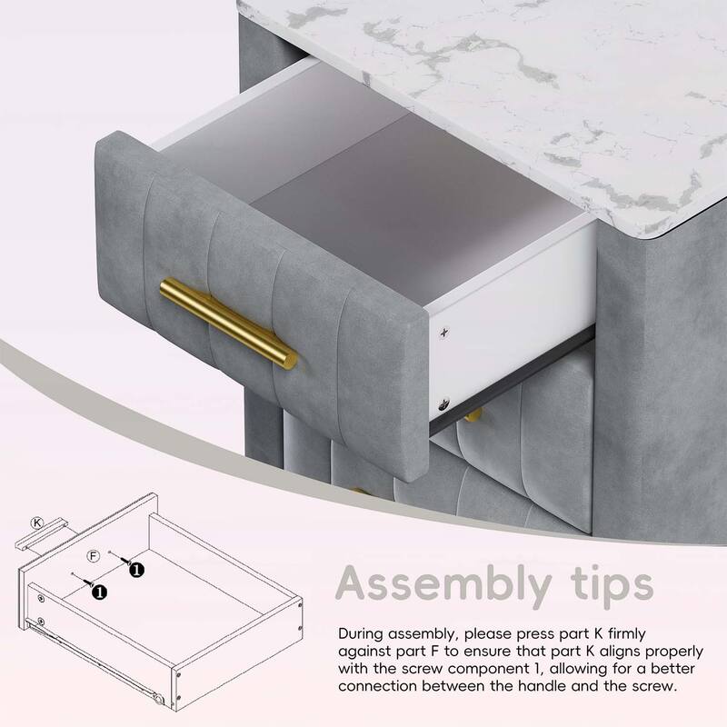 Stylish Design Upholstered Nightstand with 3 Drawers and Metal Legs & Handles