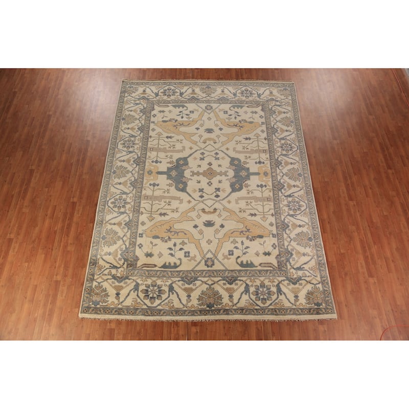All-Over Ivory Oushak Area Rug Hand-Knotted Wool Carpet - 9'0"x 11'10"