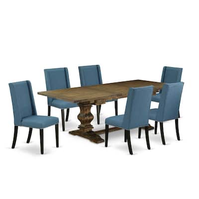 7-Piece Dining Set - Rectangular Table & Parsons Chairs - Distressed Jacobean & Black Finish - Linen Fabric Seats - 92