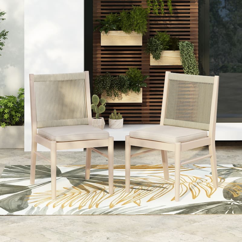 Cascade Outdoor Acacia Wood Dining Chairs With Cushions (Set of 2) by Christopher Knight Home - Bleach+Grey Rope