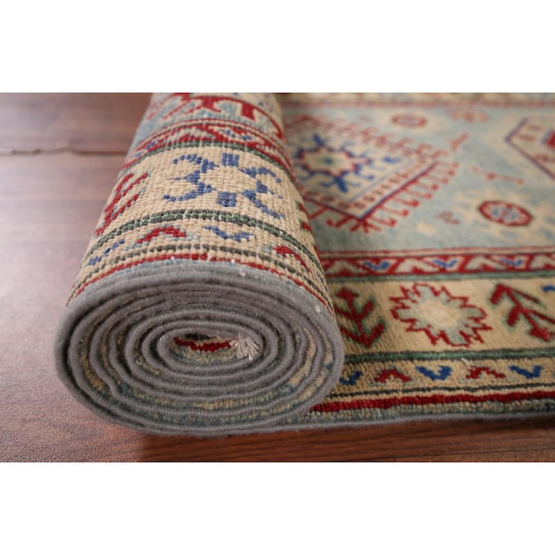 Geometric Kazak Oriental Runner Rug Hand-Knotted Grey Wool Carpet - 2'7" x 16'0"