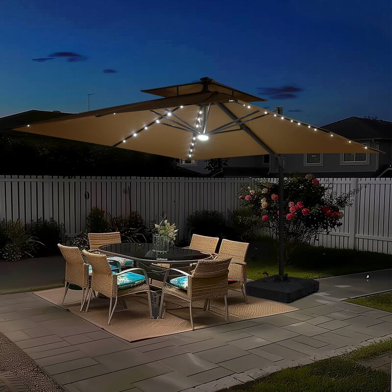 11FT Outdoor Patio Cantilever Umbrella with LED Lights Double Vented Umbrella with Base