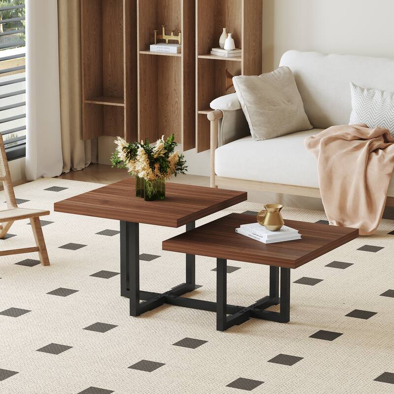 Modern 2-Tier Coffee Table with Walnut Wood Top, Square Center Table with Black Metal Base for Living Room, Stylish Furniture - Walnut