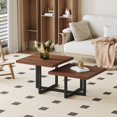 Modern 2-Tier Coffee Table with Walnut Wood Top, Square Center Table with Black Metal Base for Living Room, Stylish Furniture