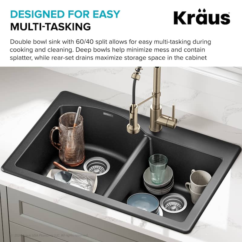 KRAUS Forteza Granite 33 inch 60/40 Undermount Drop-in Kitchen Sink
