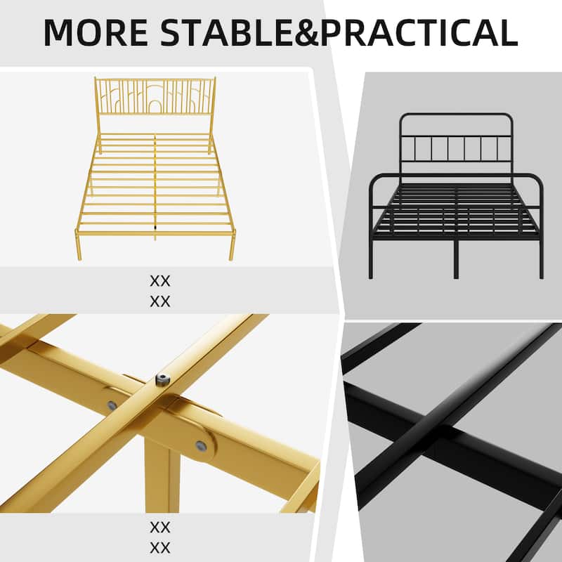 Queen Size Metal Bed Frame with Iron-art Headboard, Gold Finish, Sturdy Support & Under-bed Storage
