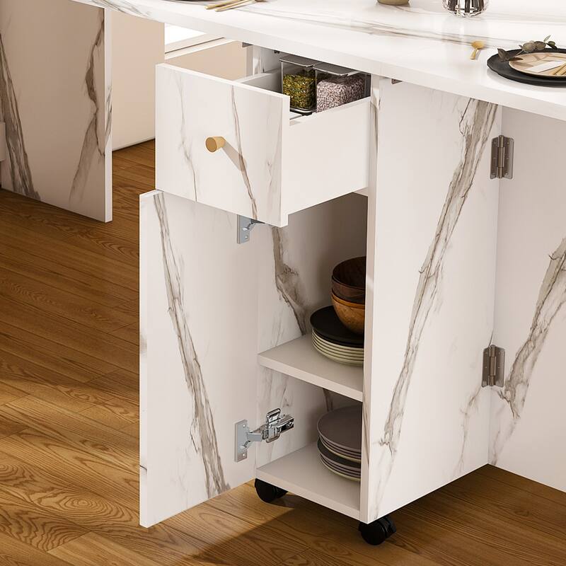 Folding Dining Table and Storage Sideboard with Charging Station， Multifunctional Space-Saving Kitchen Table with Wheels
