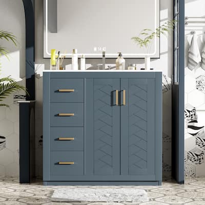 36" Bathroom Vanity with Ceramic Sink - Solid Wood, 3 Soft-Close Drawers, Freestanding