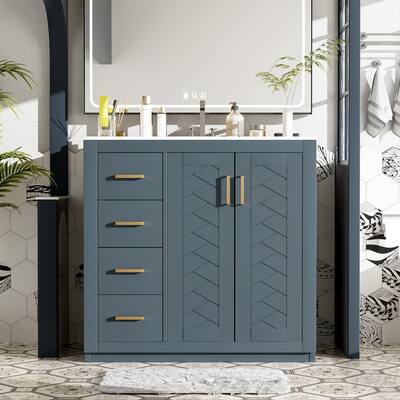 36'' Bathroom Vanity with Ceramic Sink Combo, Solid Wood Frame Bathroom Storage Cabinet with 3 Drawers& Soft Closing Doors
