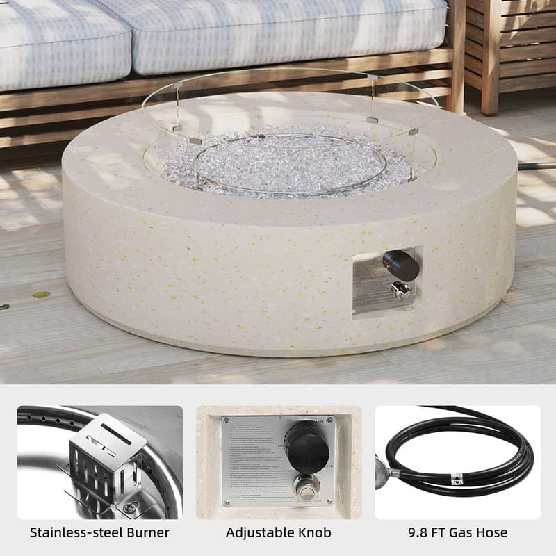 Patio Watcher 42in. Outdoor Round Magnesium Oxide Fire Pit Table with Gas Tank Cover and Wind Guard
