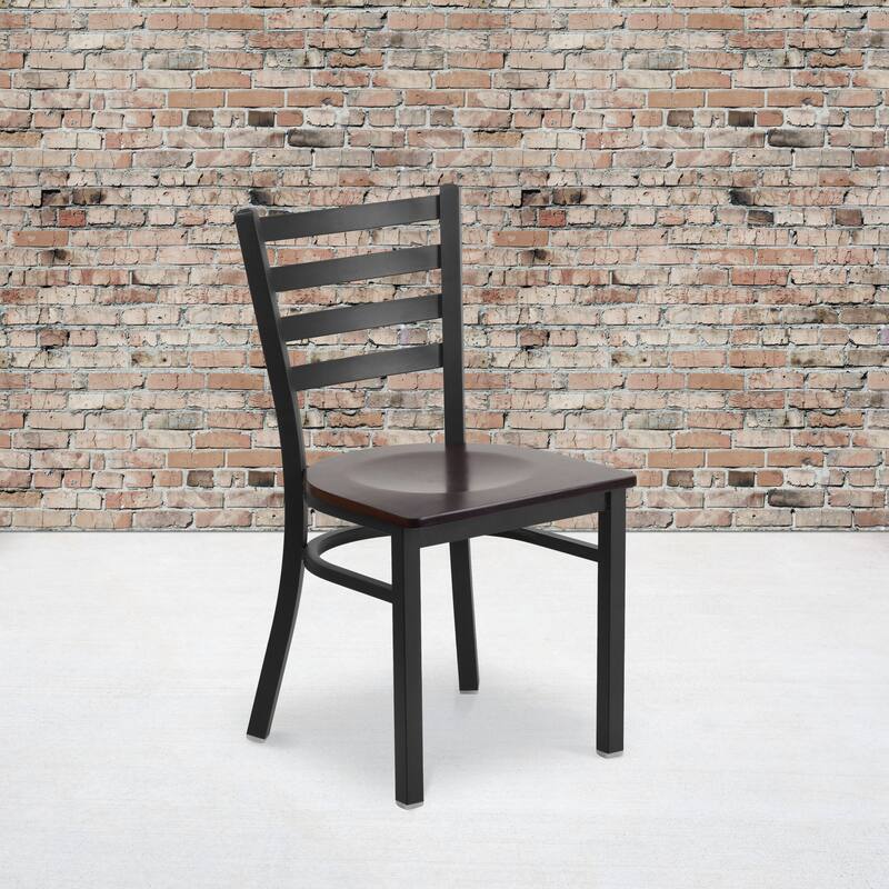 Ladder Back Metal Restaurant Chair - 16.5"W x 17"D x 32.25"H - 16.5"W x 17"D x 32.25"H - Walnut Wood Seat/Black Metal Frame