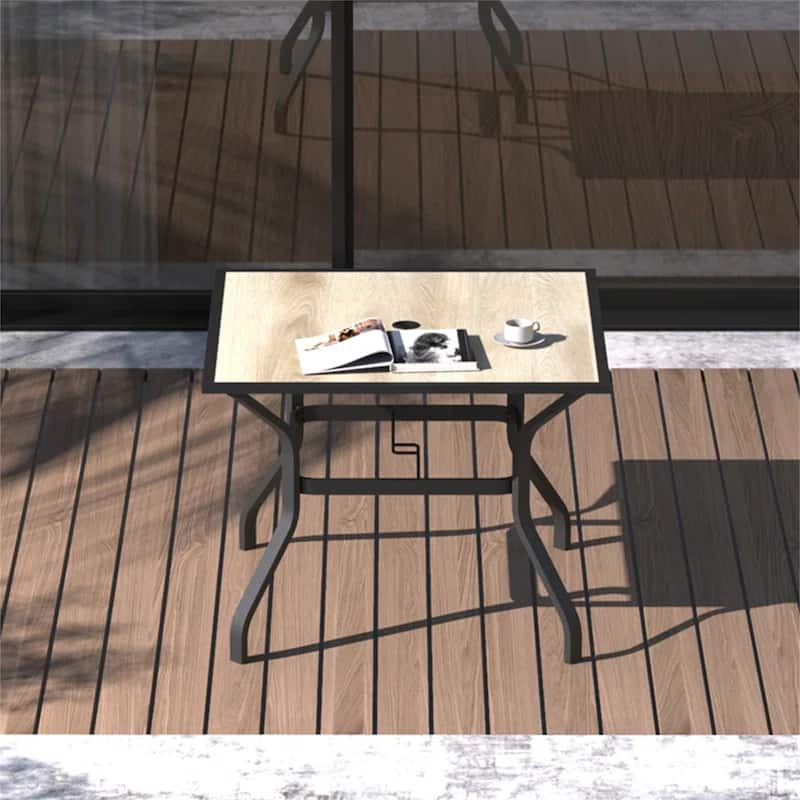 Outdoor Patio Dining table Square Metal table with Umbrella Hole and Wood-Look tabletop(1 table)