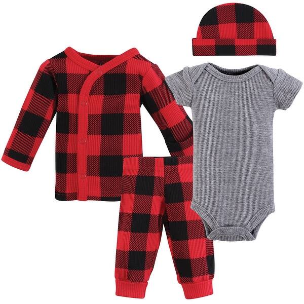 slide 1 of 1, Hudson Baby Boys Thermal Preemie Layette 4pc Set, Buffalo Plaid, Preemie - Buffalo Plaid Short Sleeve Preemie - Buffalo Plaid Short Sleeve