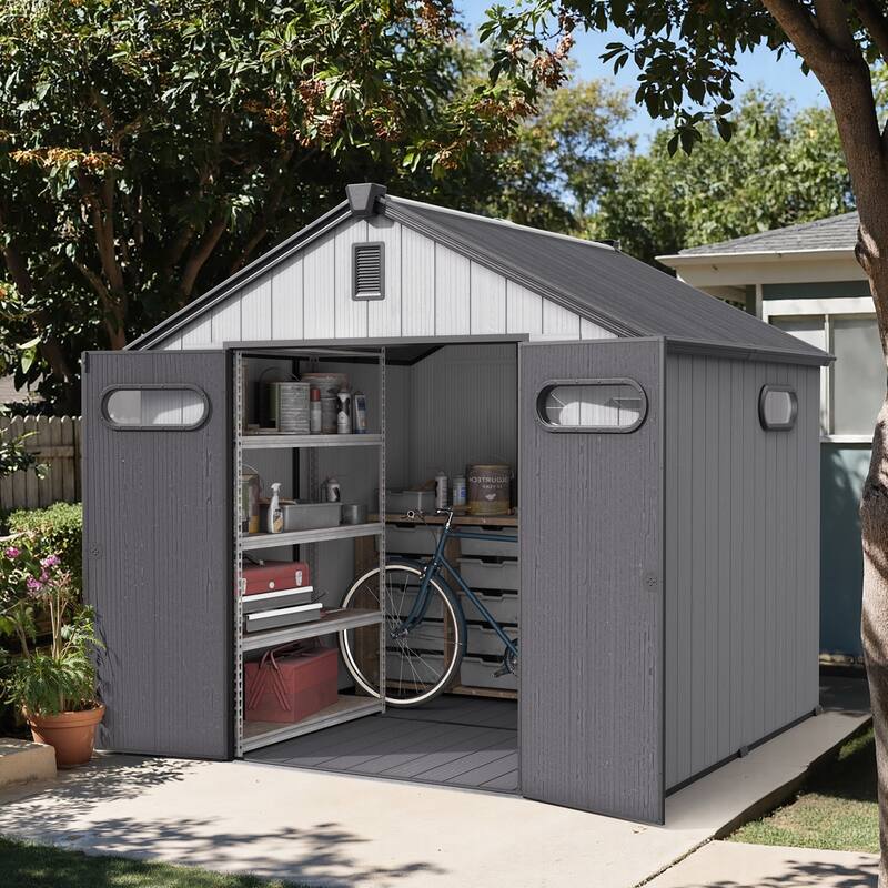 All-Weather Waterproof Lockable Door Resin Outdoor Storage Shed with Window Vent Floor for Patio Furniture and Tools