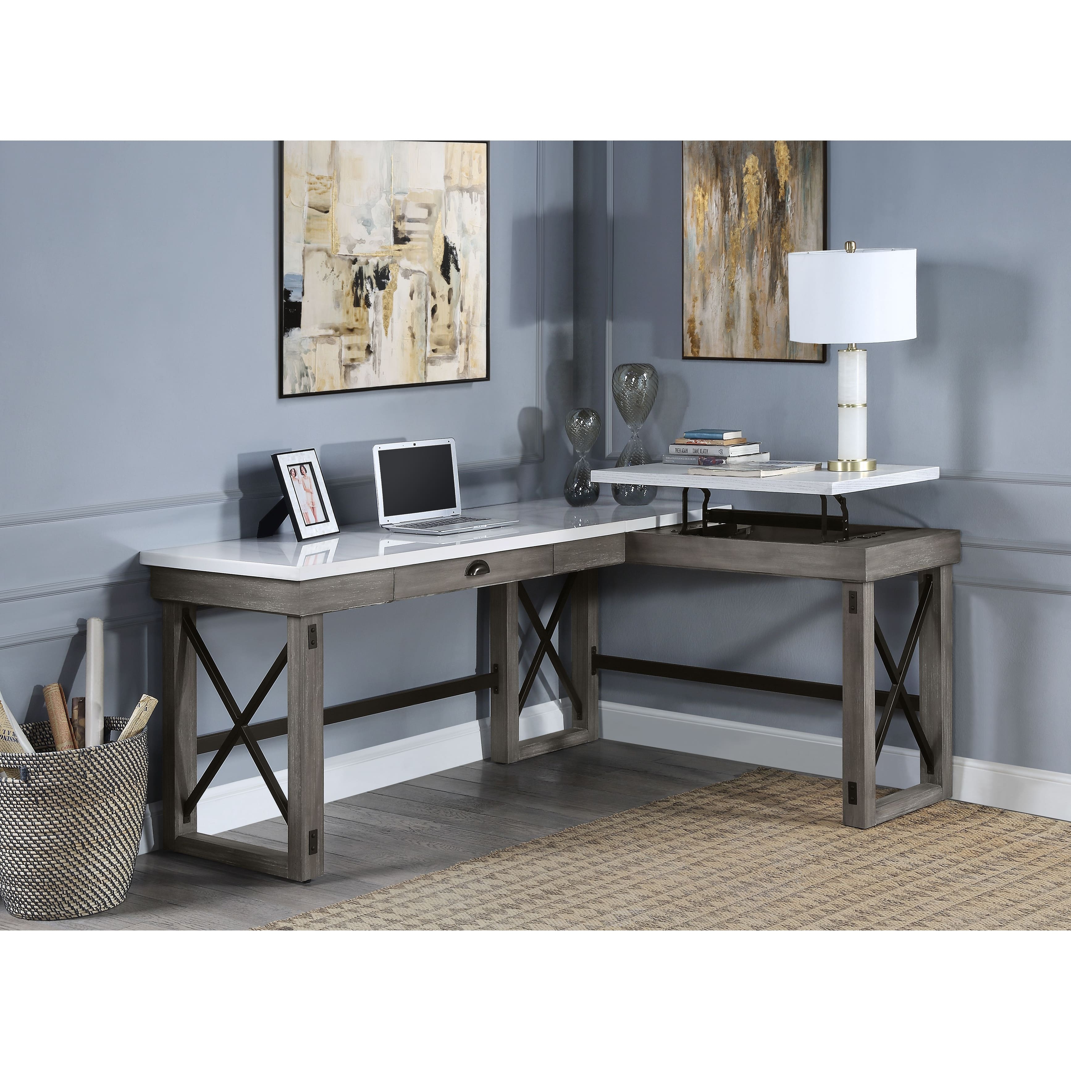 Writing Desk with Lift Top in Rustic Finish and Marble Table Top, L