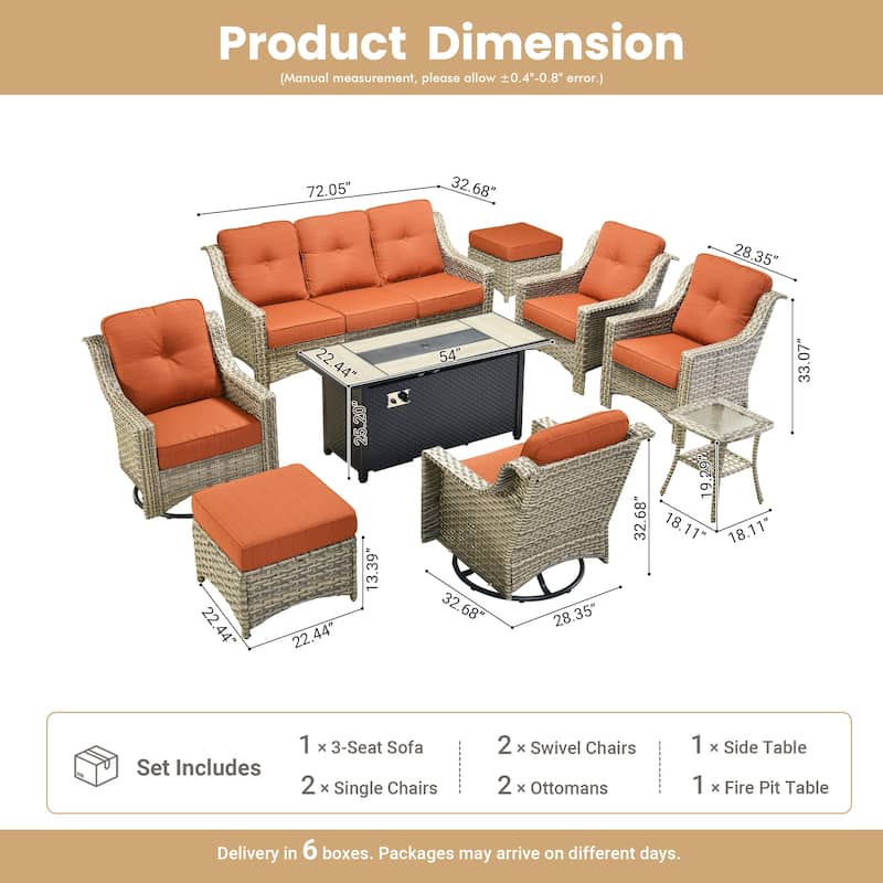 OVIOS 9 Pieces Outdoor Swivel Chairs Set with 54" Fire Table​