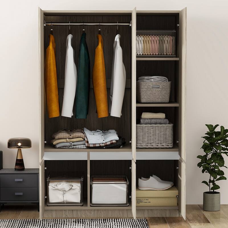 6-Doors Wooden Wardrobe Storage Armoire with Built-in Hanging Rail Clothes Storage Cabinet for Bedroom - Natural Wood