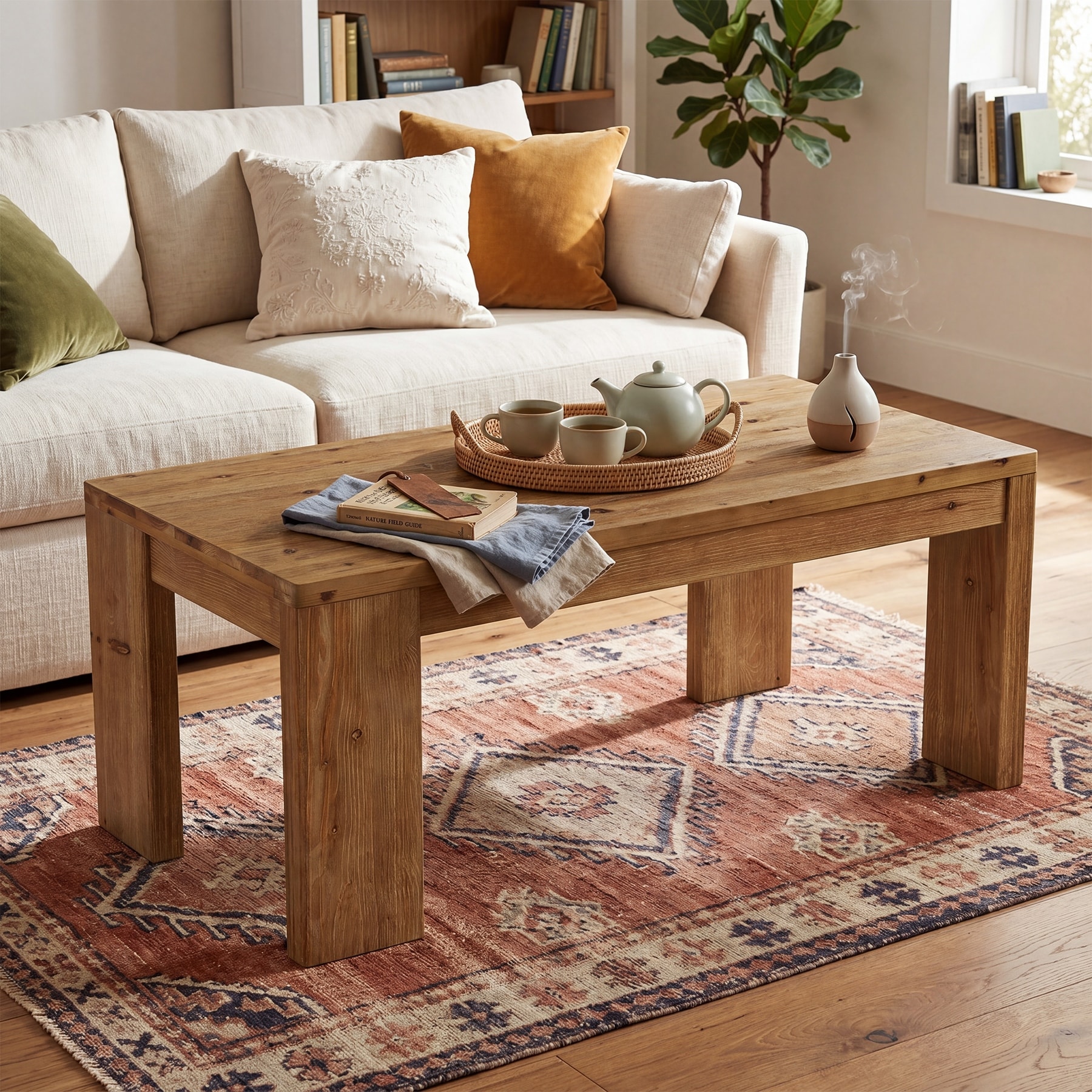 47" Solid Wood Coffee Table, Farmhouse Rectangular Coffee Table with Thick Block Legs - 47.24'' L x 23.62''W x 19.69'' H