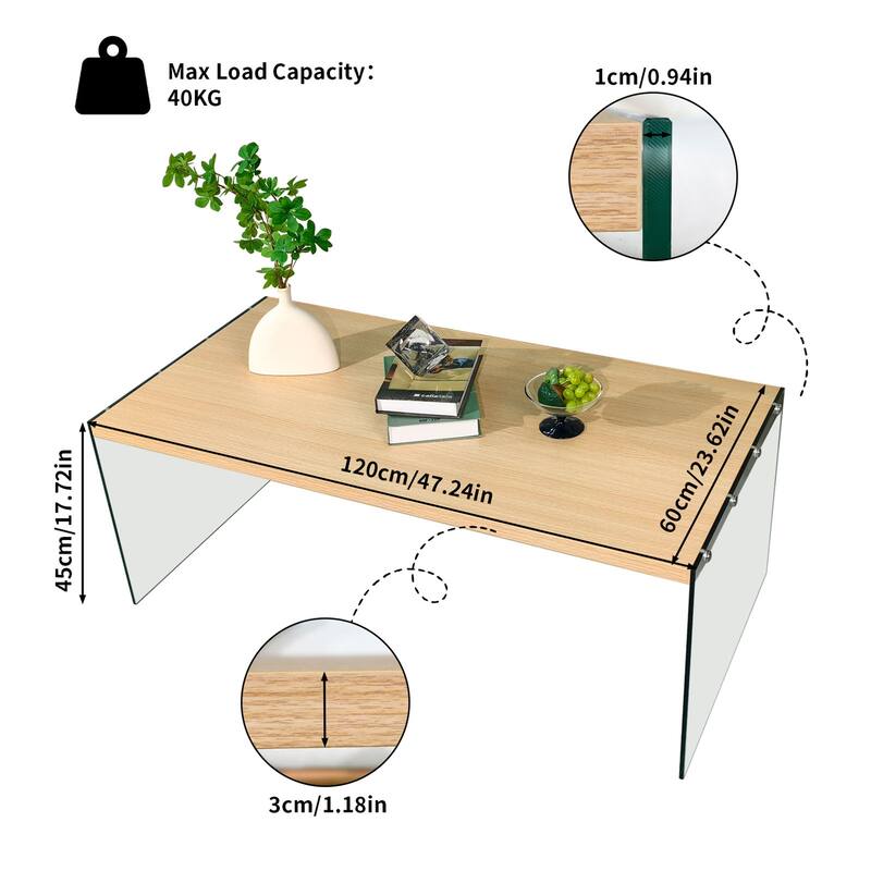 Modern Tempered Glass Coffee Table Floating Wood Tabletop - 48" L x 24" W x 18" H