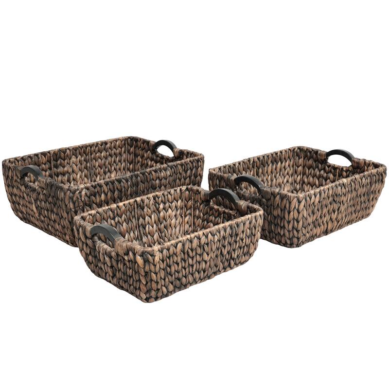Astor Handwoven Water Hyacinth Nesting Storage Baskets, Wood Handles (Set of 3) - Brown