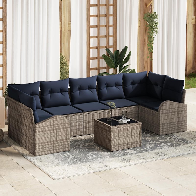 vidaXL 8 Garden Sofa Set with Cushions Black/Brown/Grey Poly Rattan - 113.8 x 48.8 x 27.2 - Grey