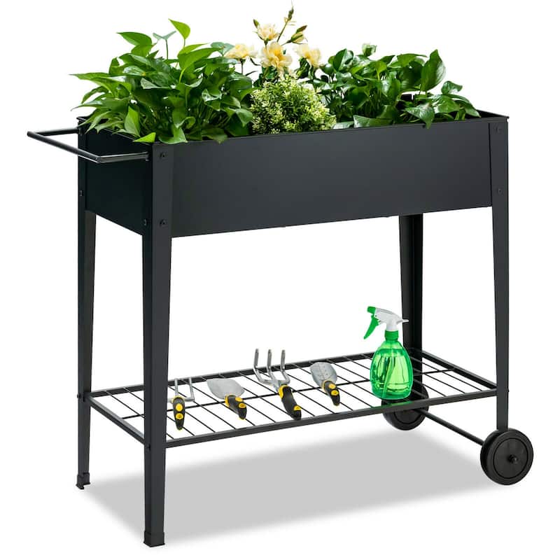 Gymax Raised Garden Bed Elevated Planter Box on Wheels Steel Planter - 38'' X 16'' X 32.5'' - Black - 38'' X 16'' X 32.5''