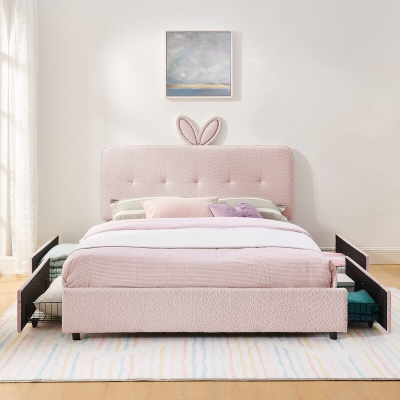 Queen Size Boucle Upholstered Bed with Rabbit Ear Headboard, LED Music Sync & 4 Drawers