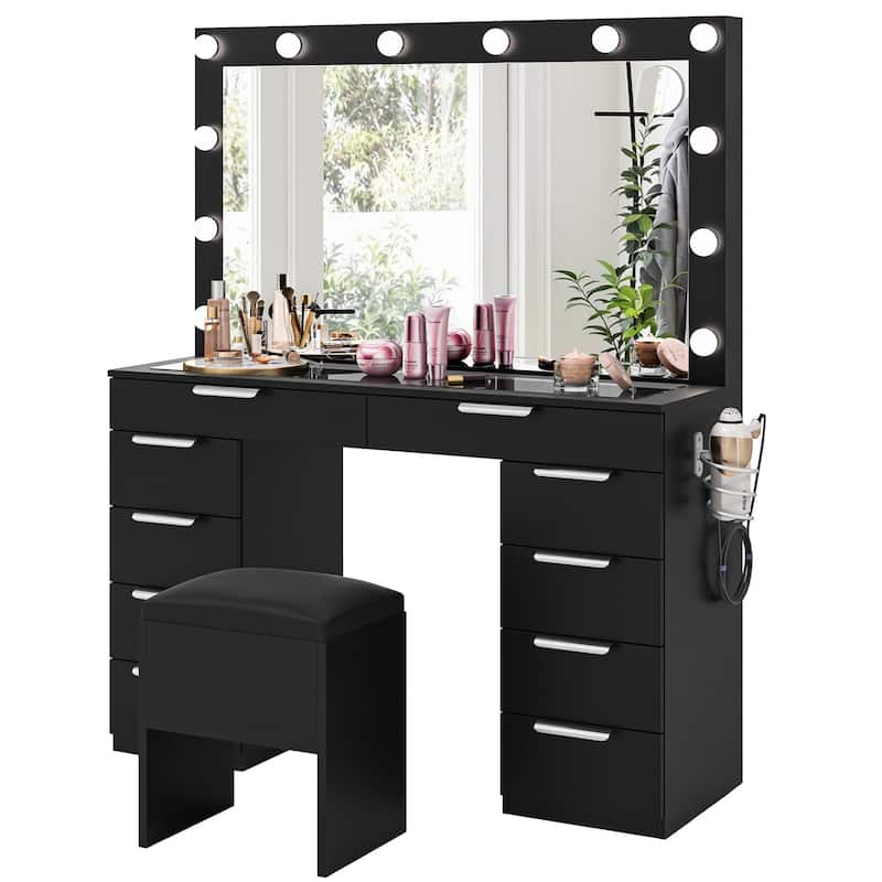 Moasis Mirror and Lights Vanity Desk Makeup Vanity Set with Glass Top and 10-Drawer, Charging Station, Dressing Table