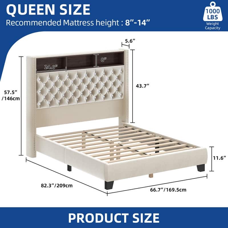 Moasis King/Queen Size Velvet Upholstered Bed Frame with Storage Headboard with USB Charging Stations - Beige - Queen