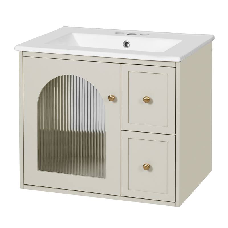 24'' Wall Mounted Bathroom Vanity with White Integrated Ceramic Sink - 24'' x 18'' x 21.75''