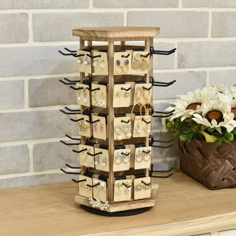 Natural Wood Hexagon 6 sided Rotating Jewelry Display Stand Tower,60 Removable Metal Hooks