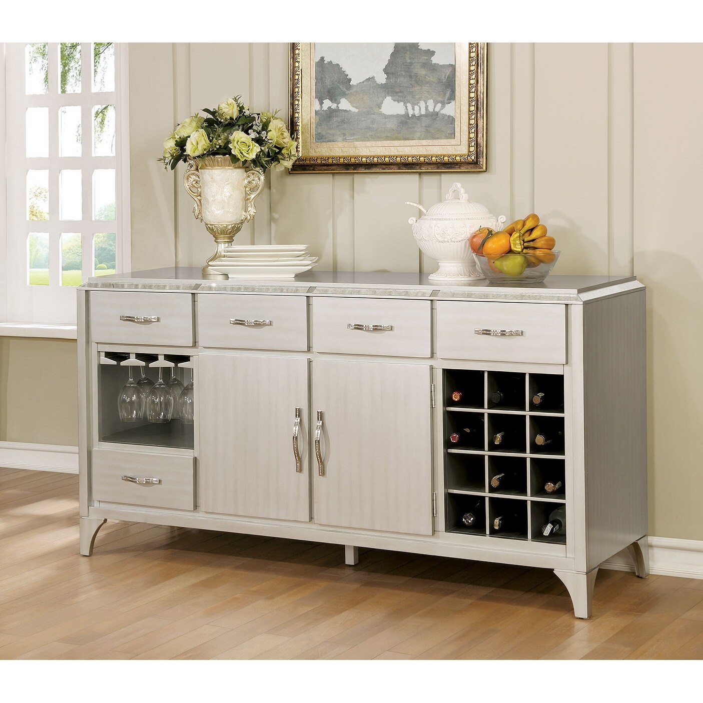 dining room buffet table with wine