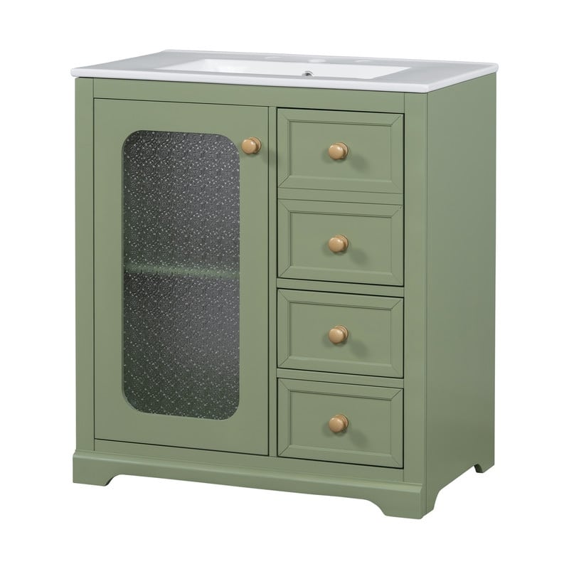 30''/36'' Bathroom Vanity with Sink, 3 Drawers Bathroom Storage Cabinet with Soft-Close Glass Door and Adjustable Shelf