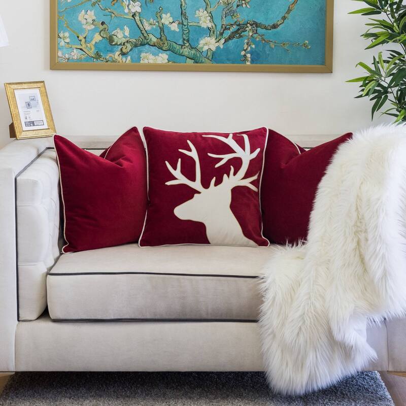 Holiday Reindeer Velvet Pillow with Insert 20x20 Inches Festive Decor
