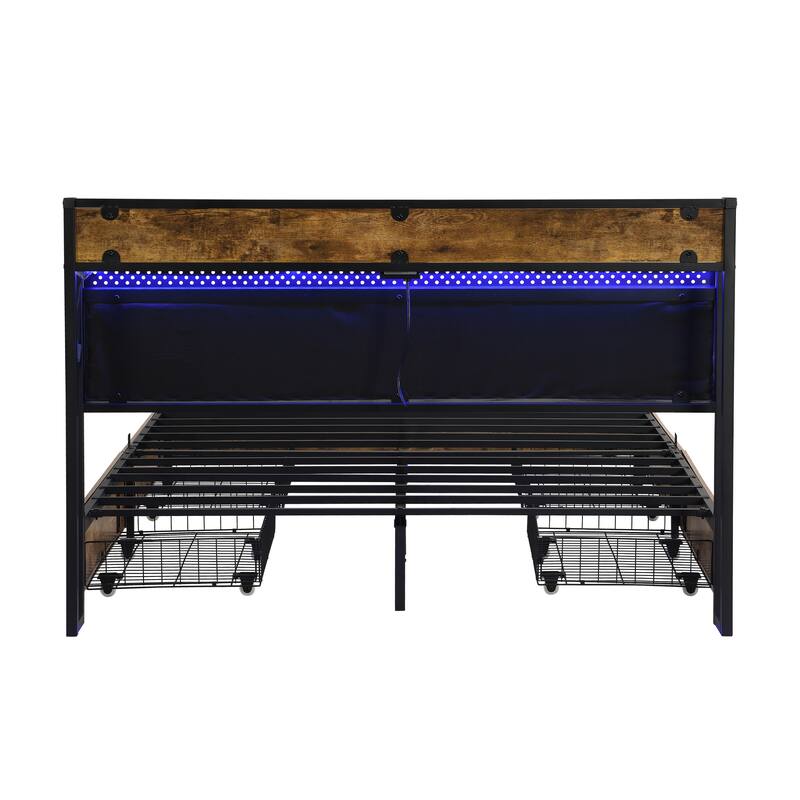 Full Size Metal Storage Bed Frame w/ Storage Headboard & Charging Station and 4 Storage Drawers, LED Lights, Brown