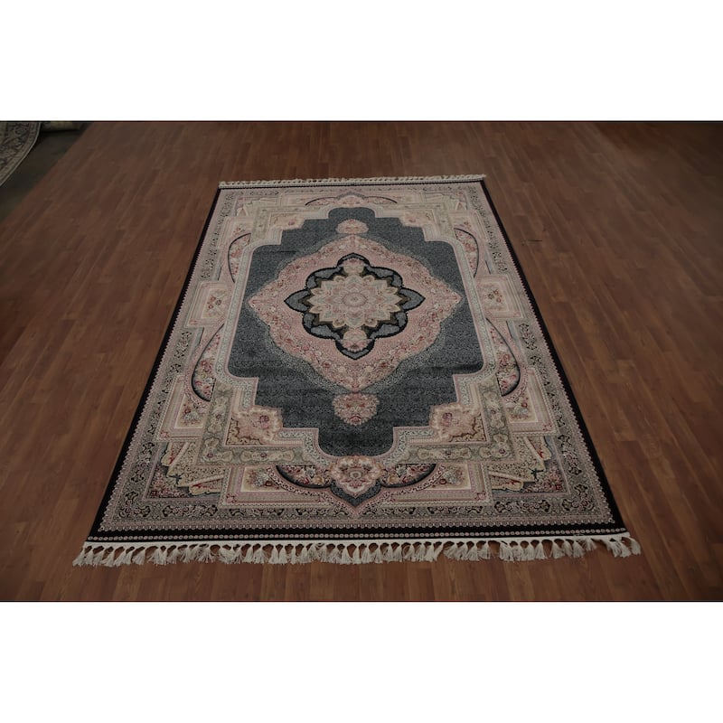 Machine Made Oriental 90% Silk - 10% Polyester Carpet Traditional Medallion Navy Blue & Blues Qum Area Rug - 9' 10'' X 6' 6''