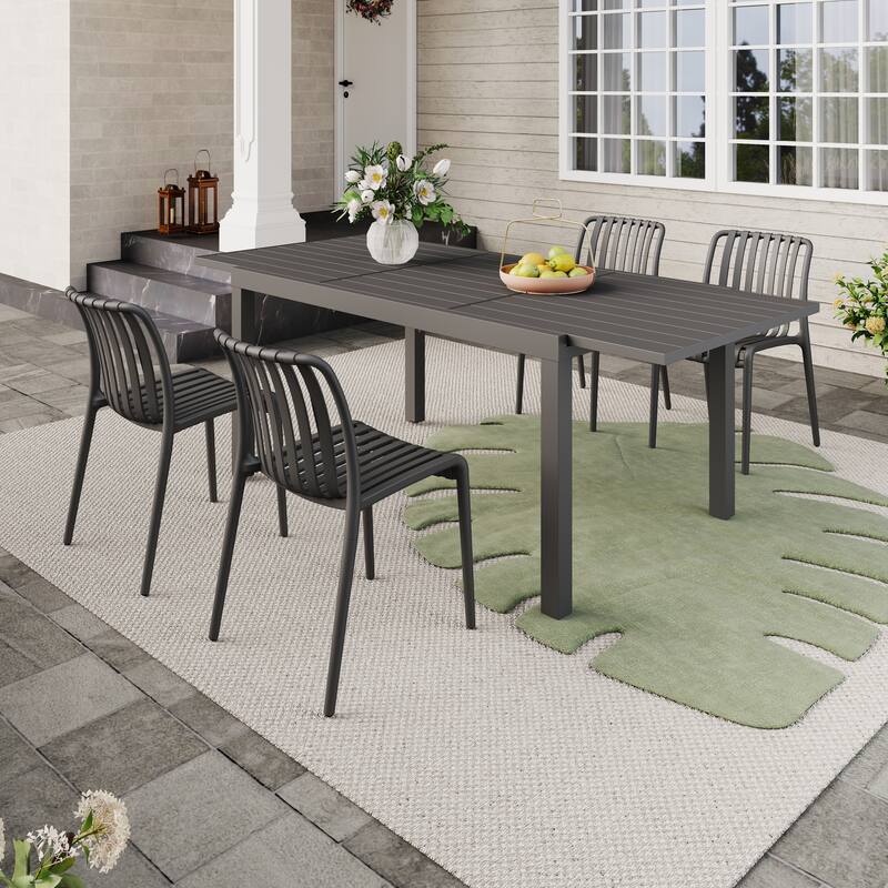 Outdoor Dining Set 5-Piece Stackable Plastic Lightweight Dining Chair and Extendable Dining Table - Black chair & Dark Grey table