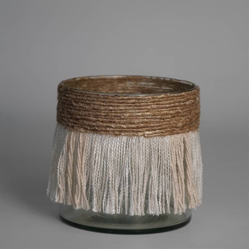 Textured Fringe Glass Votive Candle Holder - 6" - Brown and White