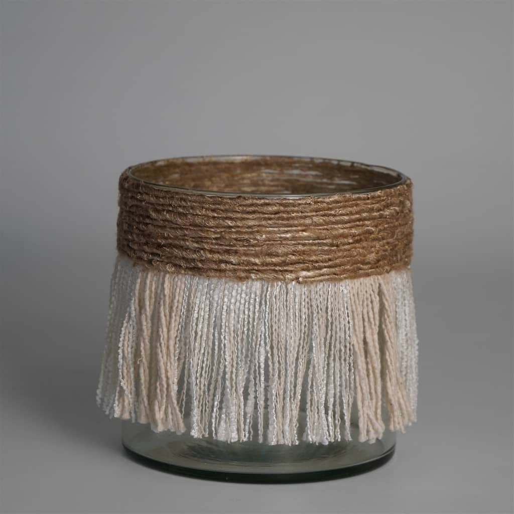 Textured Fringe Glass Votive Candle Holder - 6" - Brown and White