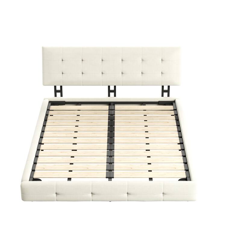Chenille Fabric Bed Frame, Tufted Upholstered Platform Bed with Adjustable Feet, Metal and Wood Slats Double Support, Noise Free