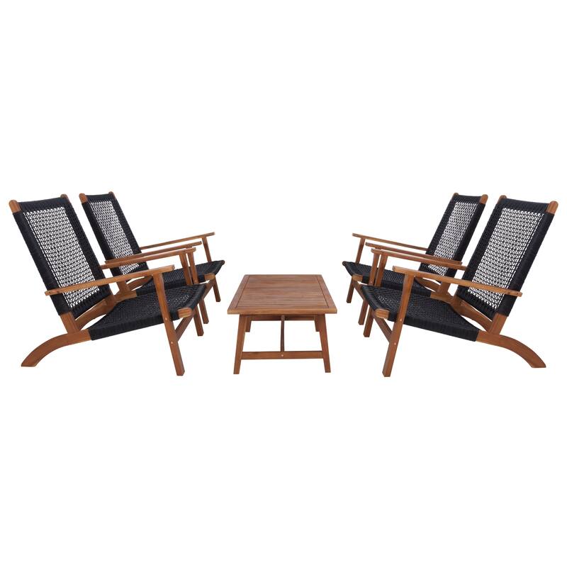 SAFAVIEH Outdoor Tuong 5-Piece Acacia Wood Coffee Set - 27Wx48Dx26H - Natural/Black