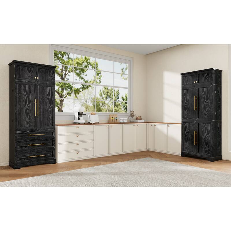 Roomfitters 78" Tall Farmhouse Kitchen Pantry Cabinet with 8 Door Shelves, Wine Rack & Hidden Drawer
