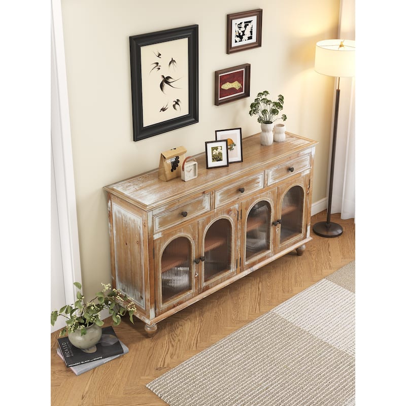 59.06"Farmhouse Sideboard Buffet Cabinet, Distressed Wood Credenza with 3 Drawers & 4 Glass Doors, Storage Cabinet with Shelves