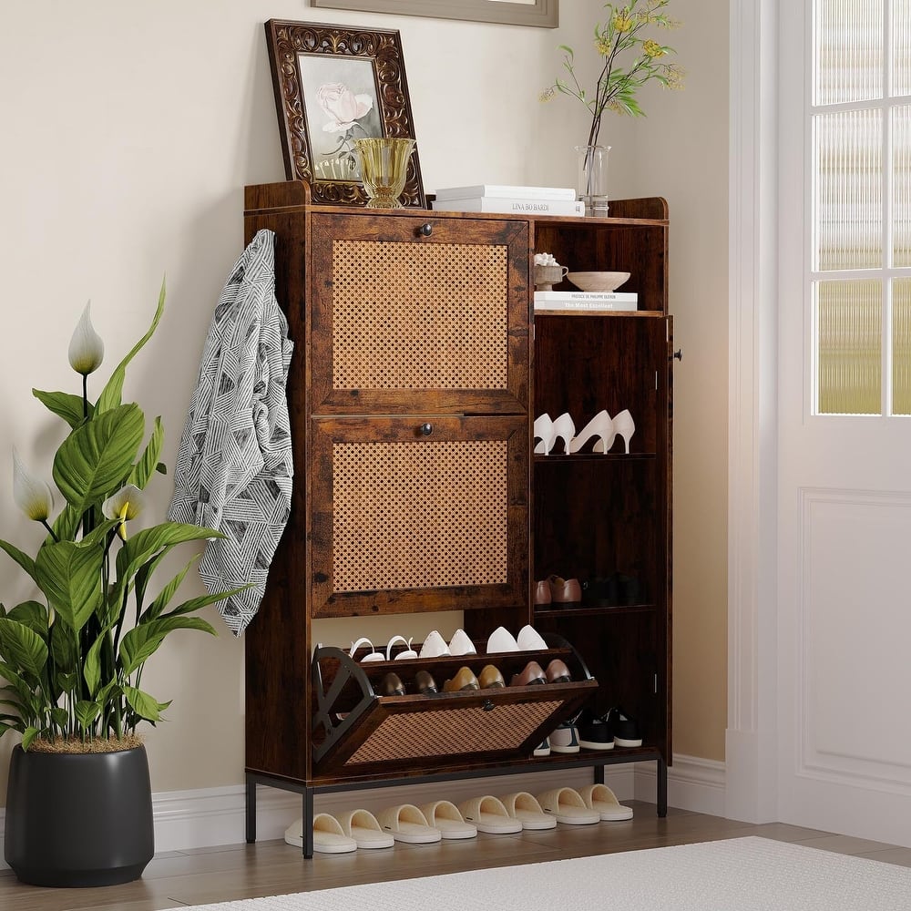 3-Tier Shoe Storage Cabinet with Rattan Doors and Adjustable Compartments