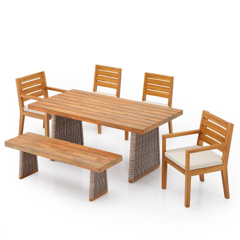 Christopher Knight Home - Kestrel Outdoor Acacia Wood 6 Piece Dining Set with Rattan Legs and Water Resistant Cushions
