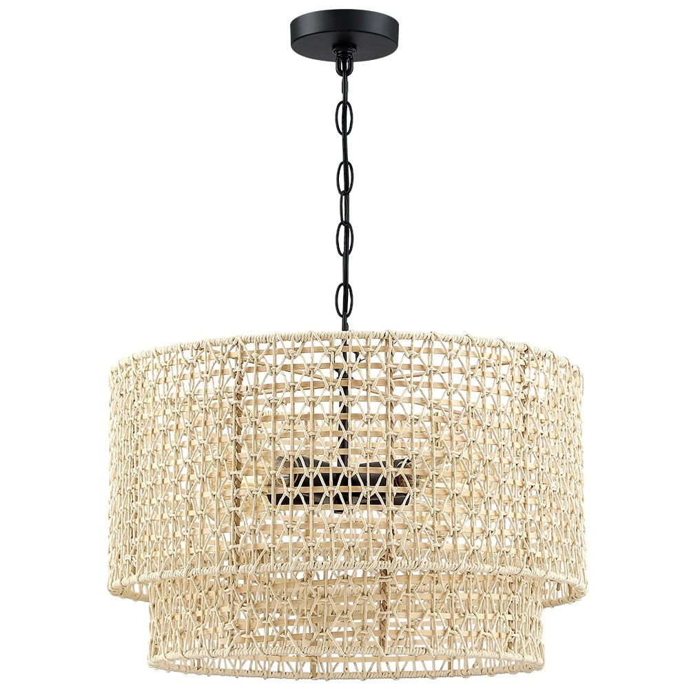 20 in. 4 Light Rattan Tiered Drum Chandelier Light with Black Canopy 4 Light 20