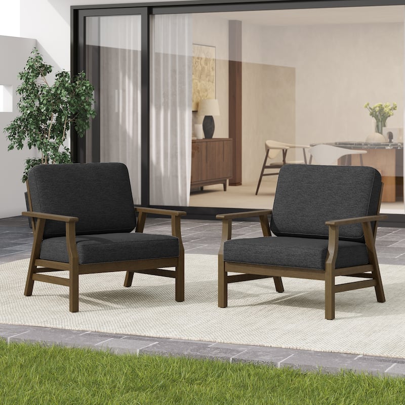 2 Set Outdoor Club Chairs with Cushions Teak Wood Patio Chairs - Dark Grey/BROWN WOOD