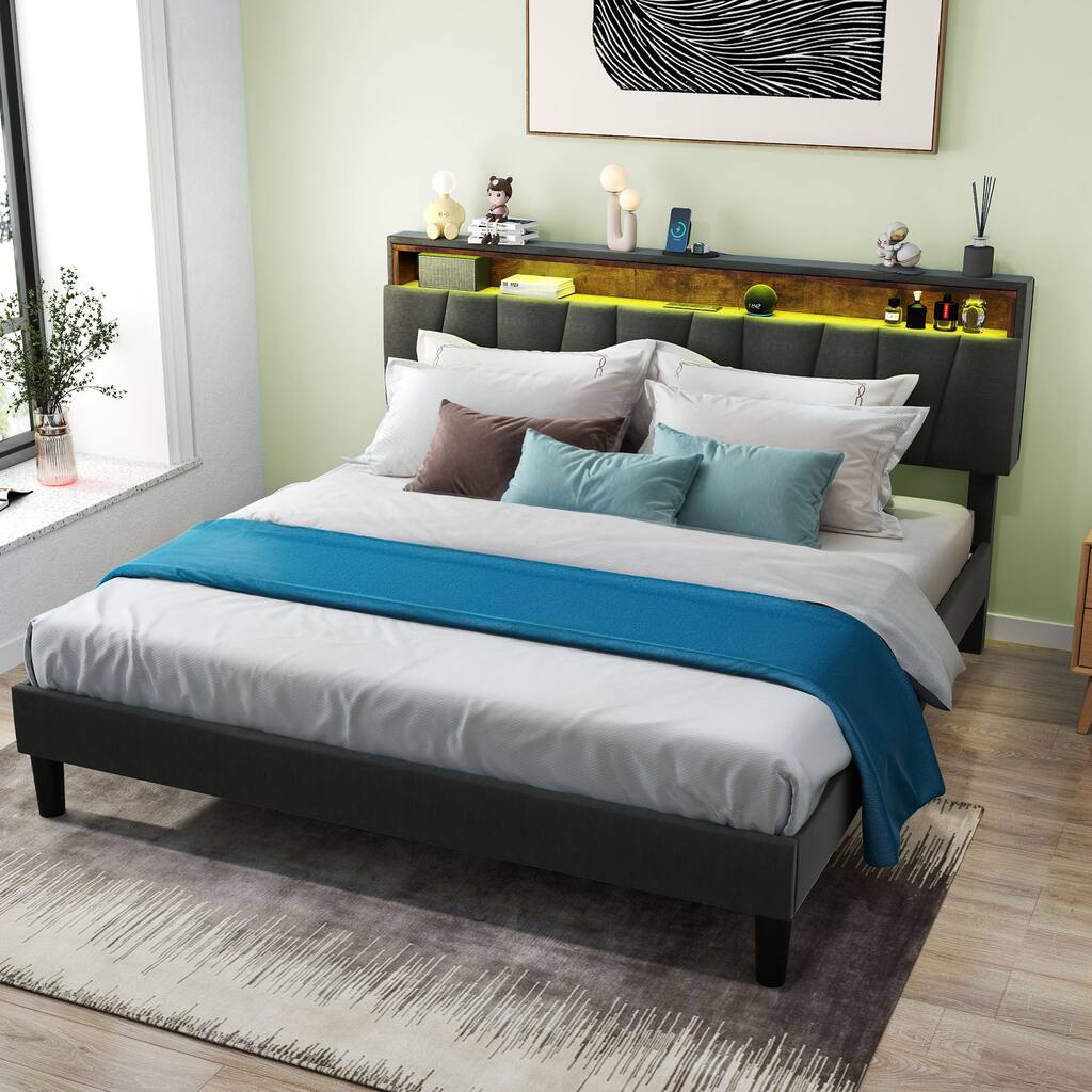 Modern Queen Upholstered Storage Bed With USB Power pad